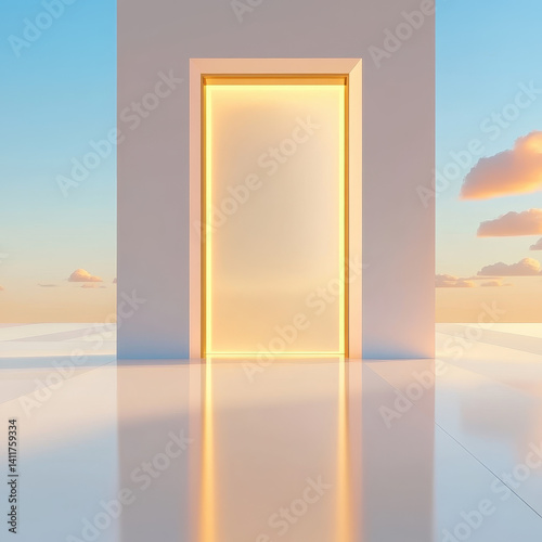 Bright Open Doorway Leading to a Serene Landscape at Sunrise