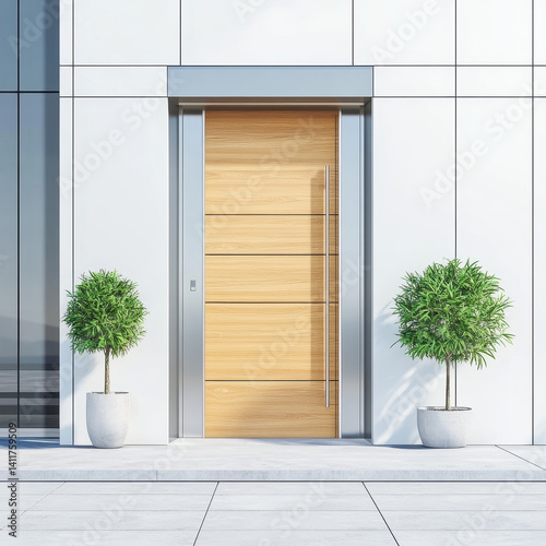 Modern Entrance Design with Wood Door and Potted Plants