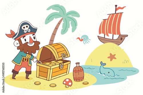 Cartoon Pirate Treasure Island Scene