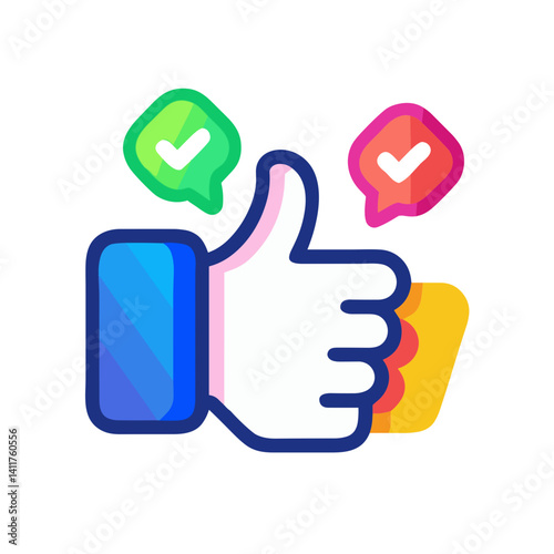 Colorful thumbs up social media icon for engagement metrics, app interfaces, website feedback buttons, marketing materials, online reviews, e-commerce, and digital communication design