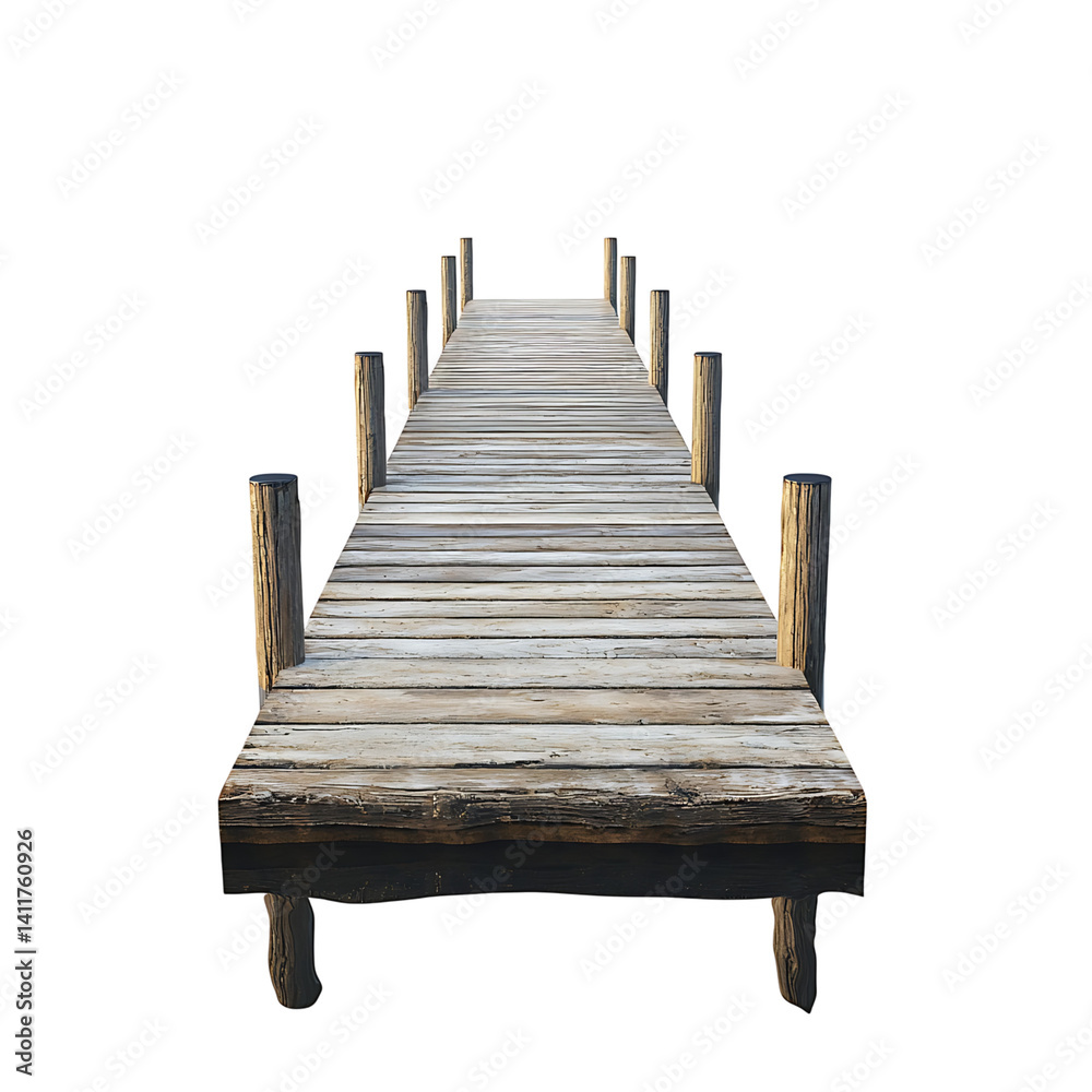 Realistic wooden dock with weathered planks and posts extending into perspective on a clean isolated transparent background