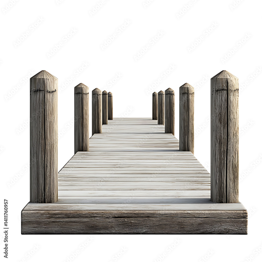 Realistic wooden dock with weathered planks and posts extending into perspective on a clean isolated transparent background