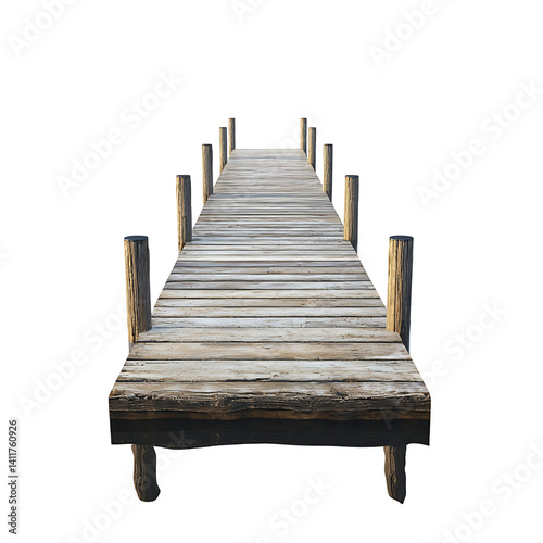 Obraz na płótnie Realistic wooden dock with weathered planks and posts extending into perspective on a clean isolated transparent background w salonie
