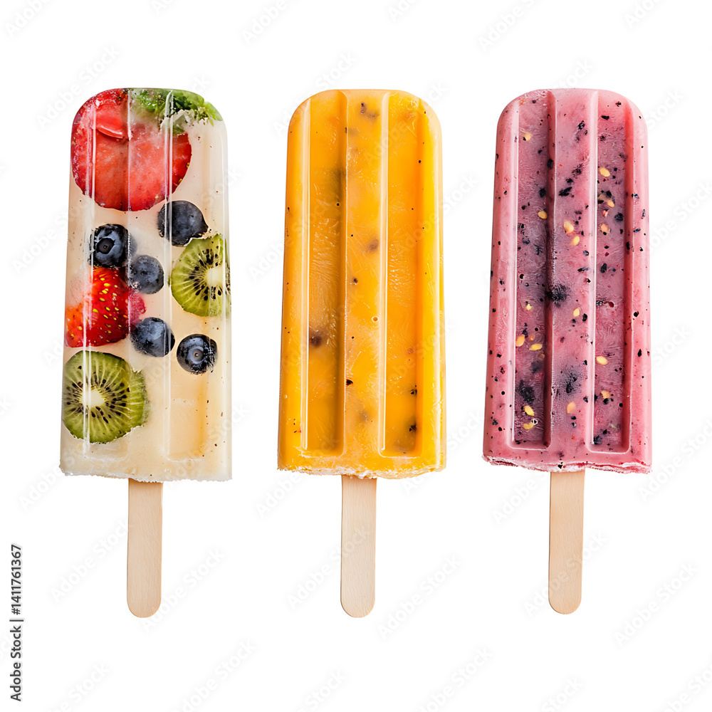 Three colorful frozen popsicles with slices of kiwi, berries, and citrus inside shown in a realistic style on a clean transparent background