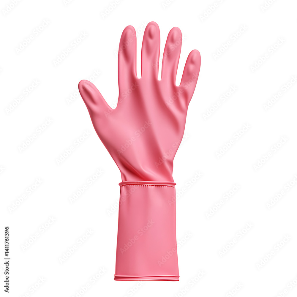 Realistic pink rubber glove with textured fingertips and extended wrist coverage isolated on a transparent background