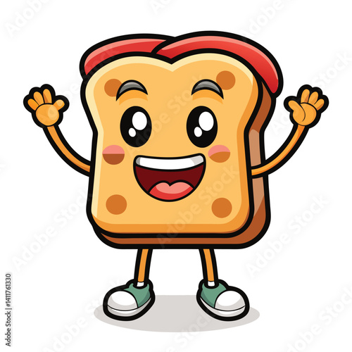 Cheerful slice of bread character with happy expression