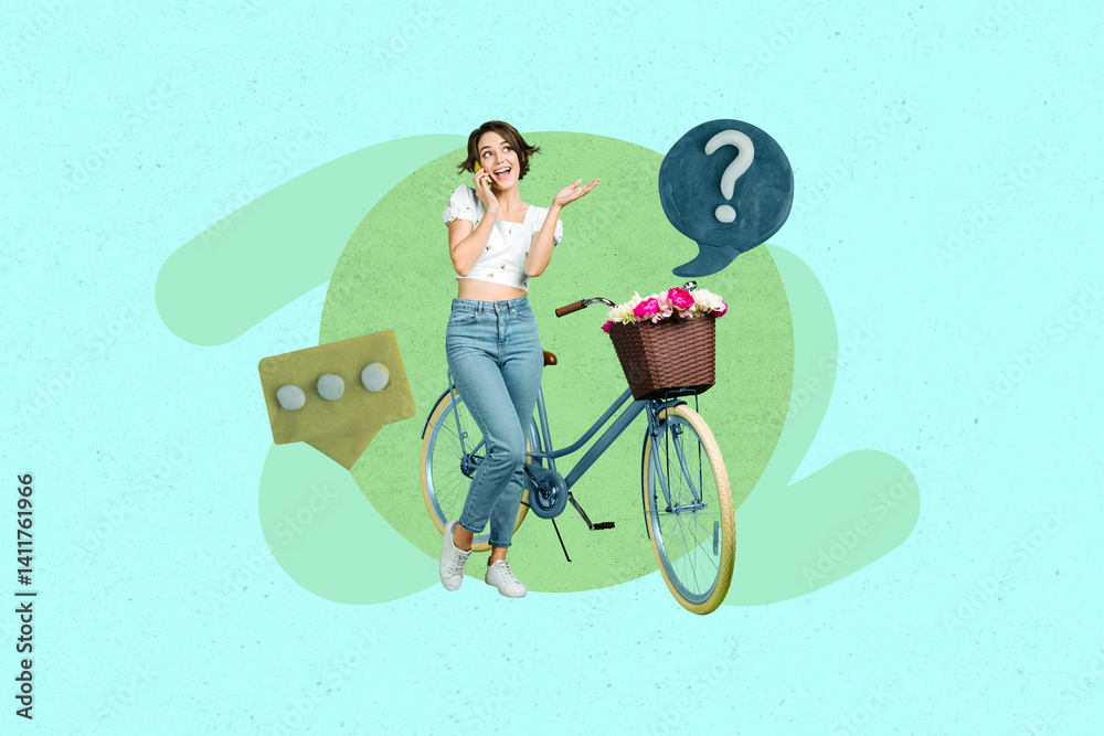 Creative full art collage of happy girl stand communication chatterbox icon question mark plan speech notification message