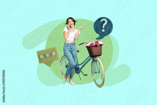 Obraz na płótnie Creative full art collage of happy girl stand communication chatterbox icon question mark plan speech notification message w salonie
