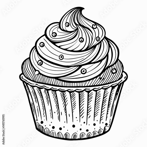 Detailed Black and White Cupcake  Illustration with Frosting and Sprinkles