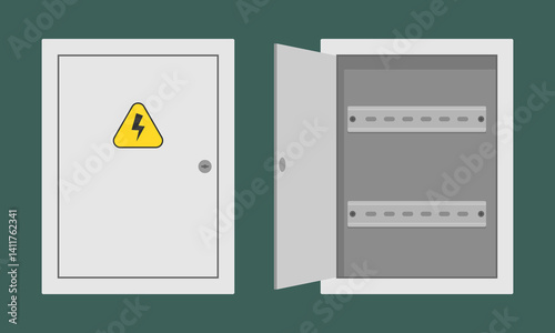 Electrical control panel set. Electrical control panel with open and closed doors. Vector image illustrating electrical safety equipment, for educational or industrial purposes