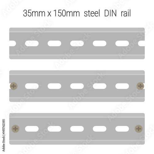 35mm metal DIN rail set. Standard rail for mounting circuit breakers and industrial control equipment inside equipment racks. Flat style vector illustration