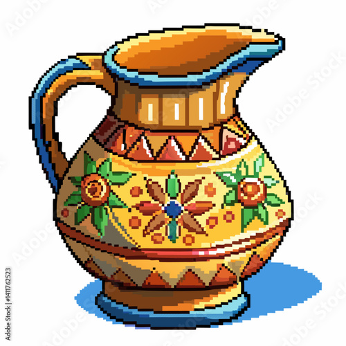 Colorful Floral Pixel Art Jug  with Vintage Design and Bright Patterns