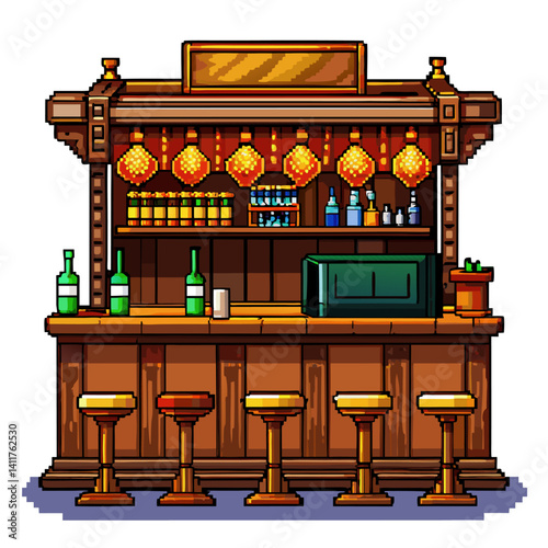 Retro Pixel Art Bar Counter with Stools and Warm Lighting in Vintage Style