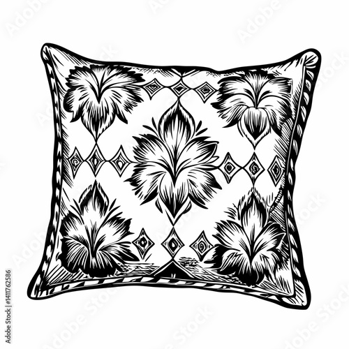 Elegant Black and White Floral Pattern Decorative Pillow  Illustration