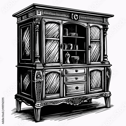 Intricate Vintage Cupboard Illustration Showcasing Classic Cabinetry Design