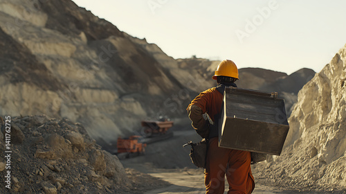 Mining laborer carrying equipment to a lithium extraction site for operational support. Featuring equipment transport