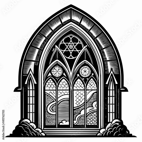 Ornate Gothic Church Window with Intricate Geometric Patterns