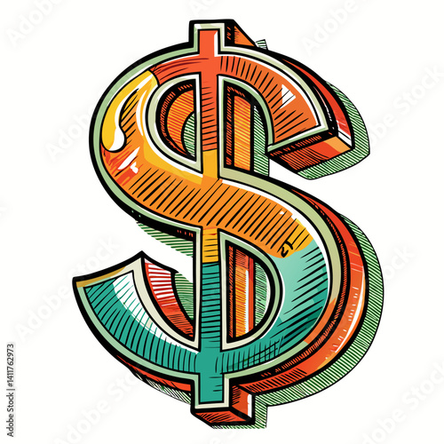Colorful Dollar Sign  Illustration with Retro Pop Art Style