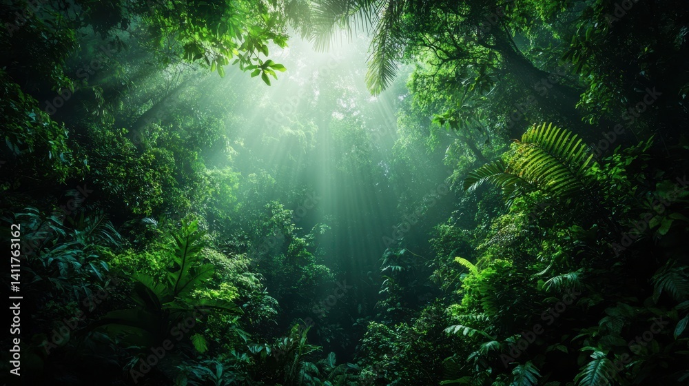 Obraz premium Sunbeams in Lush Rainforest