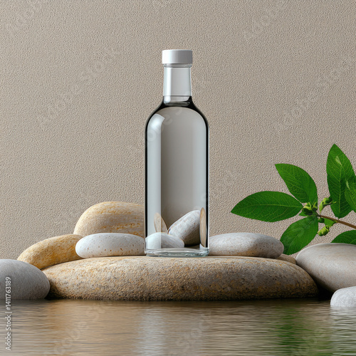 clear glass beverage bottle stands elegantly on smooth stones, surrounded by tranquil water and lush green leaves, creating serene and refreshing atmosphere