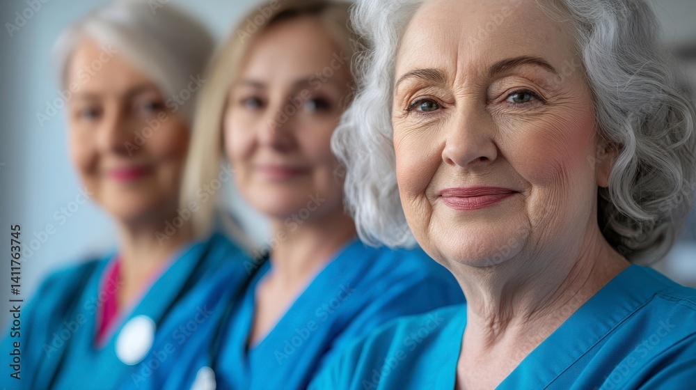 Fototapeta premium Caring Nurses with Smiles in Blue Scrubs in a Medical Setting