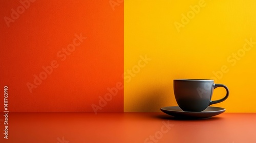 Minimalist Coffee Cup Still Life with Orange and Yellow Background Design