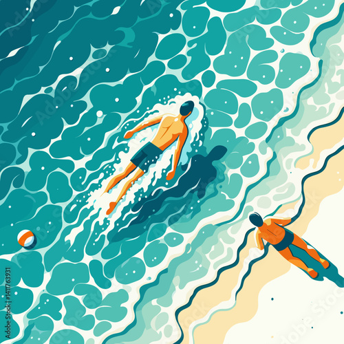 Vector illustration of a man swimming in the ocean and another person relaxing on the beach