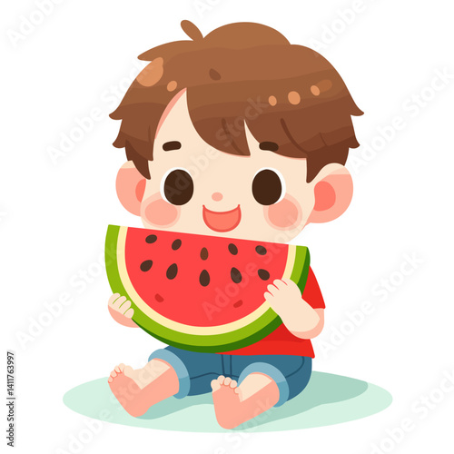 Vector illustration of a happy child sitting and eating a slice of watermelon