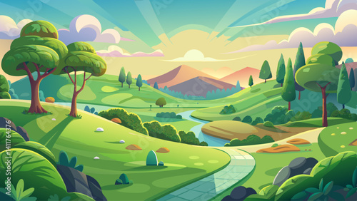 Rolling green hills stretch across a peaceful park, kissed by soft sunlight