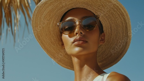 editorial fashion photo, model posing in summer outfit, dramatic shadows, high contrast, magazine cover style