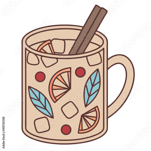 Festive Mulled Wine Mug with Spices and Orange Slices Illustration.