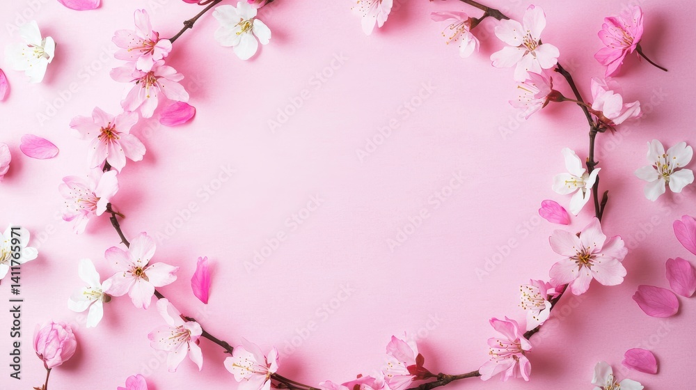 Fototapeta premium Spring blossom circle flower arrangement pink background floral art aesthetic nature vibe