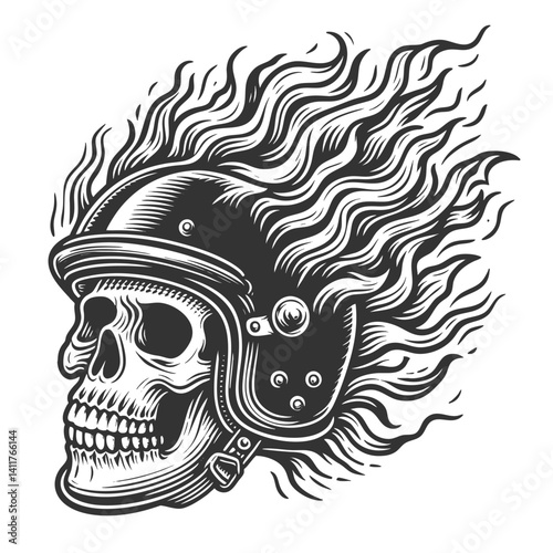 skull in a motorcycle helmet with flames, symbolizing biker rebellion and intensity sketch engraving generative ai vector illustration. Scratch board imitation. Black and white image.