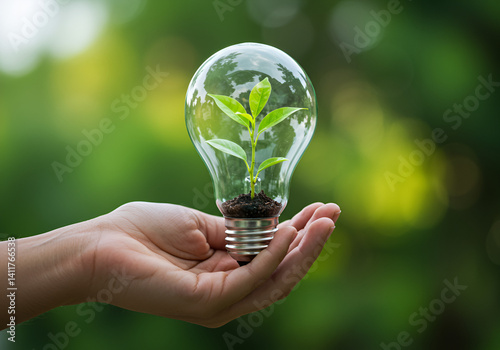 Hand holding light bulbs and growing plants Environment Sustainability Save the world clean Ecology concept. Earth Day banner,germ bud, development, friendly, growing, with copy space, ai generated