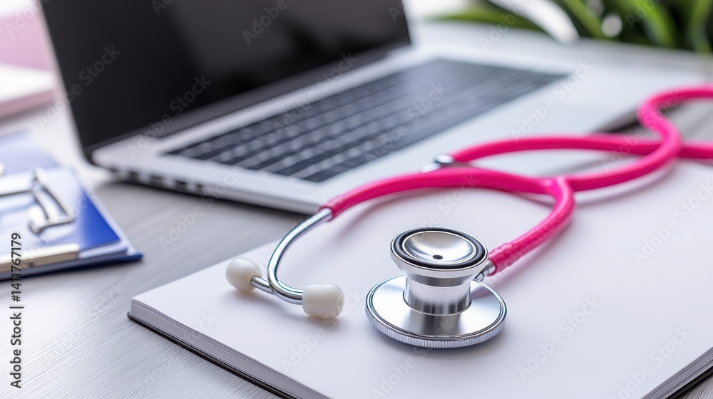Professional Medical Tools on Desk with Laptop and Notepad Professional Medical Tools on Desk with Laptop and Notepad