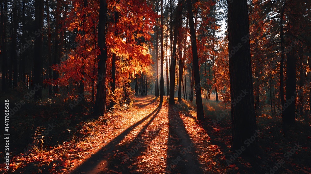 Obraz premium Autumn forest path bathed in sunlight