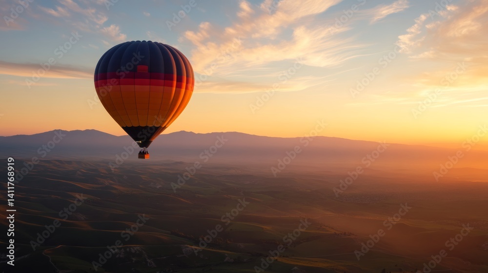 Obraz premium Friends enjoying a scenic hot air balloon ride at sunrise, with breathtaking views of the landscape below,