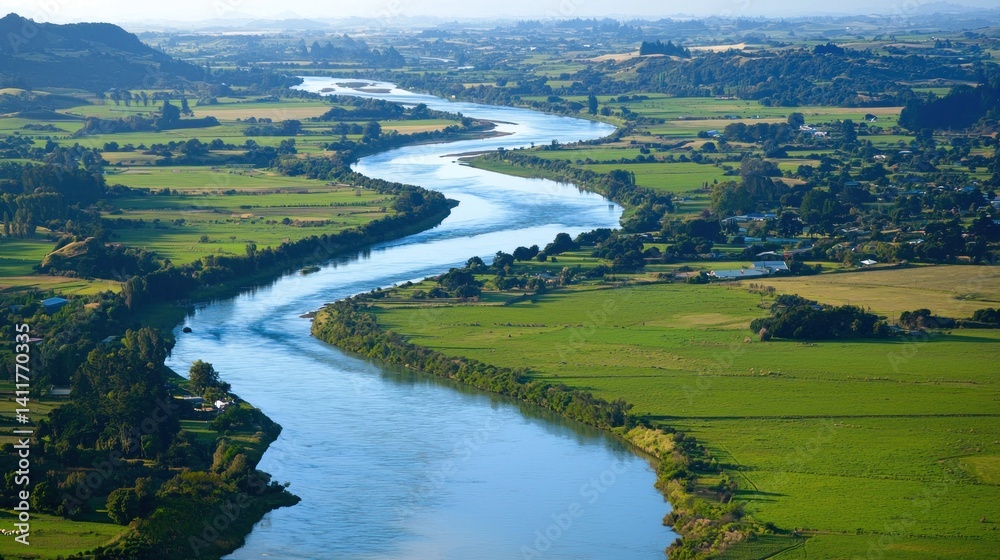 Fototapeta premium Serene River Valley Panorama: A Breathtaking View of New Zealand's Lush Countryside