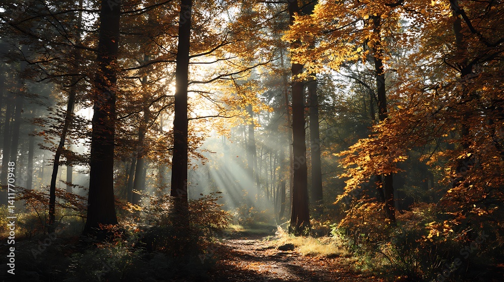 Obraz premium Autumnal forest pathway, sunbeams