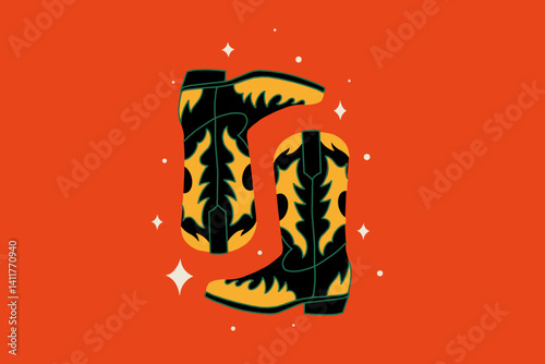 Vintage cowboy boots with flame-like patterns on an orange background. Stylized Western footwear illustration with decorative details. Country and rodeo fashion concept for design and print.