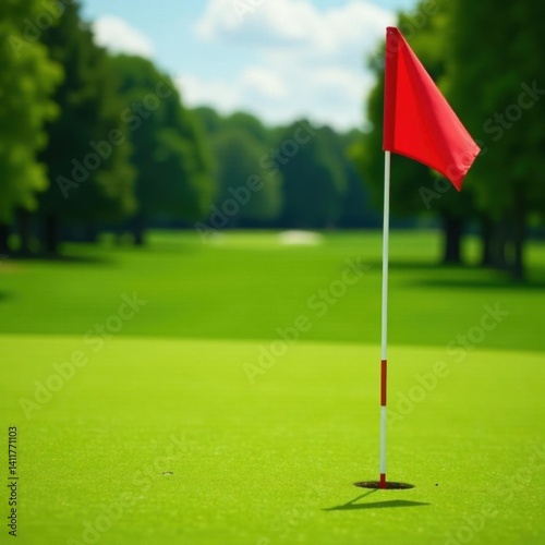Close-up of a red flag on a golf course, indicating a challenging hole , challenge, outdoors