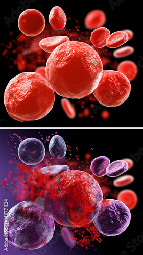 Anemia oxygen medical. Iron symptom. Blood chronic. Visual contrast of healthy and anemic blood samples in a scientific image. photo