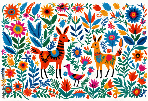 Flat lay of Mexican Otomi embroidered textile motifs – digitally reimagined vibrant folk animal and floral designs, stylized for modern branding, placed on white background with clean vector outlines