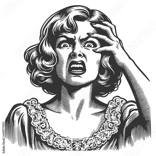 terrified woman with a horrified expression, hand on her face, evoking classic pulp drama and suspense sketch engraving generative ai vector illustration. Scratch board. Black and white image.