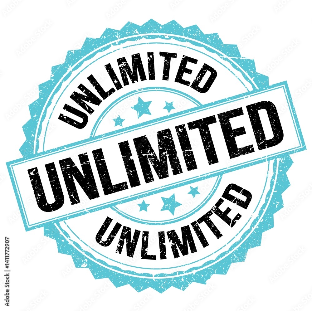 UNLIMITED text on blue-black round stamp sign