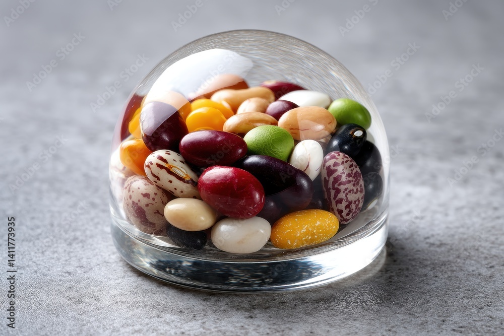 Colorful Beans in Resin Dome Various beans frozen in a clear dome-shaped resin Colorful Beans in Resin Dome Various beans frozen in a clear dome-shaped resin