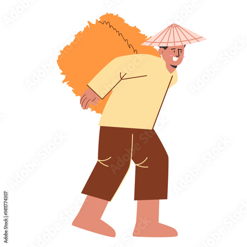 Farmer bring pile of hay straw paddy rice farming harvesting peasant with hat working flat illustration cartoon