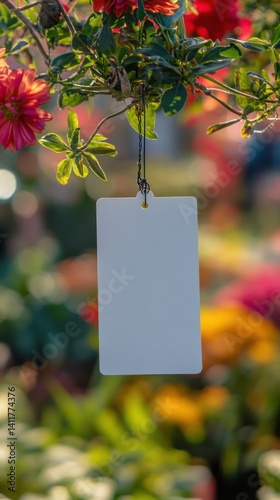 Price signs in the garden selling trees, soil, fertilizer, and gardening equipment. Blank White Tag Hanging on a Branch Among Colorful Flowers