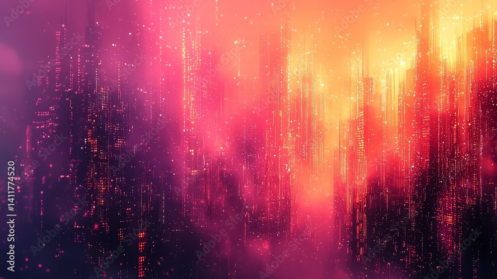 Obraz premium Vibrant abstract cityscape at sunset, showcasing glowing skyscrapers amidst a dreamy haze of pink and orange hues, perfect for tech and creative themes.