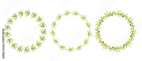 round frame wreath of green olive branches, hand drawn olive branches for your designs, set of simple olive branches frames